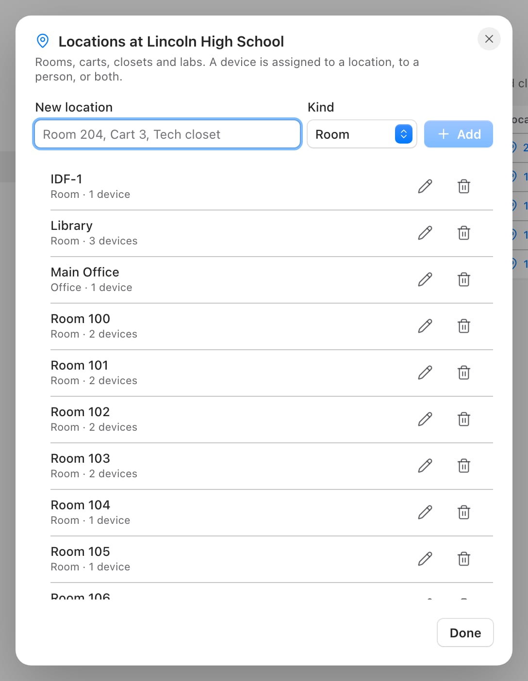 Beacon dialog Locations at Lincoln High School listing IDF-1, Library, Main Office and Room 100 to 105 with device counts, a field to add a new location and a kind selector