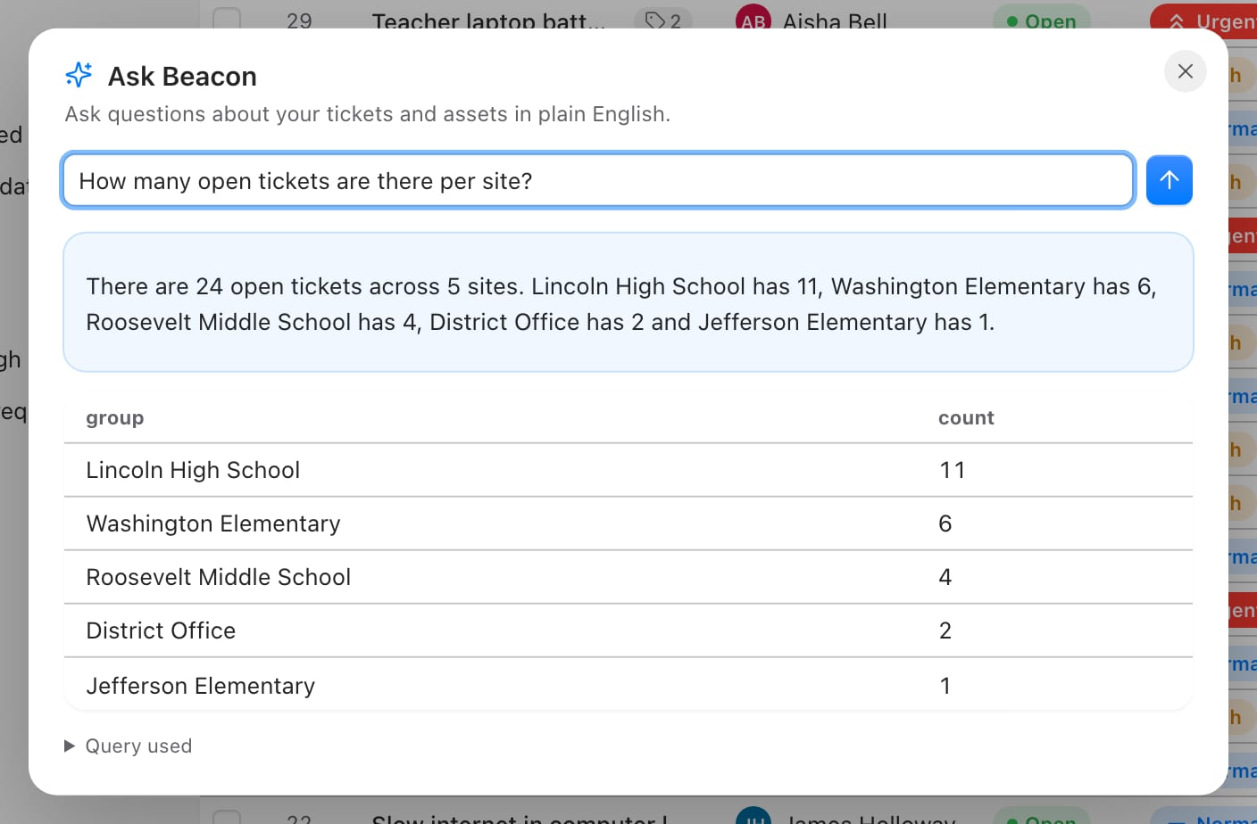 Ask Beacon dialog answering How many open tickets are there per site with a sentence and a table of five sites and their counts