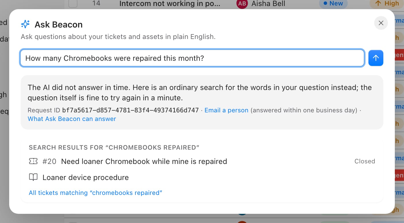 Ask Beacon dialog after the AI did not answer in time: the reason, a request ID, an Email a person link, and search results for the words chromebooks repaired
