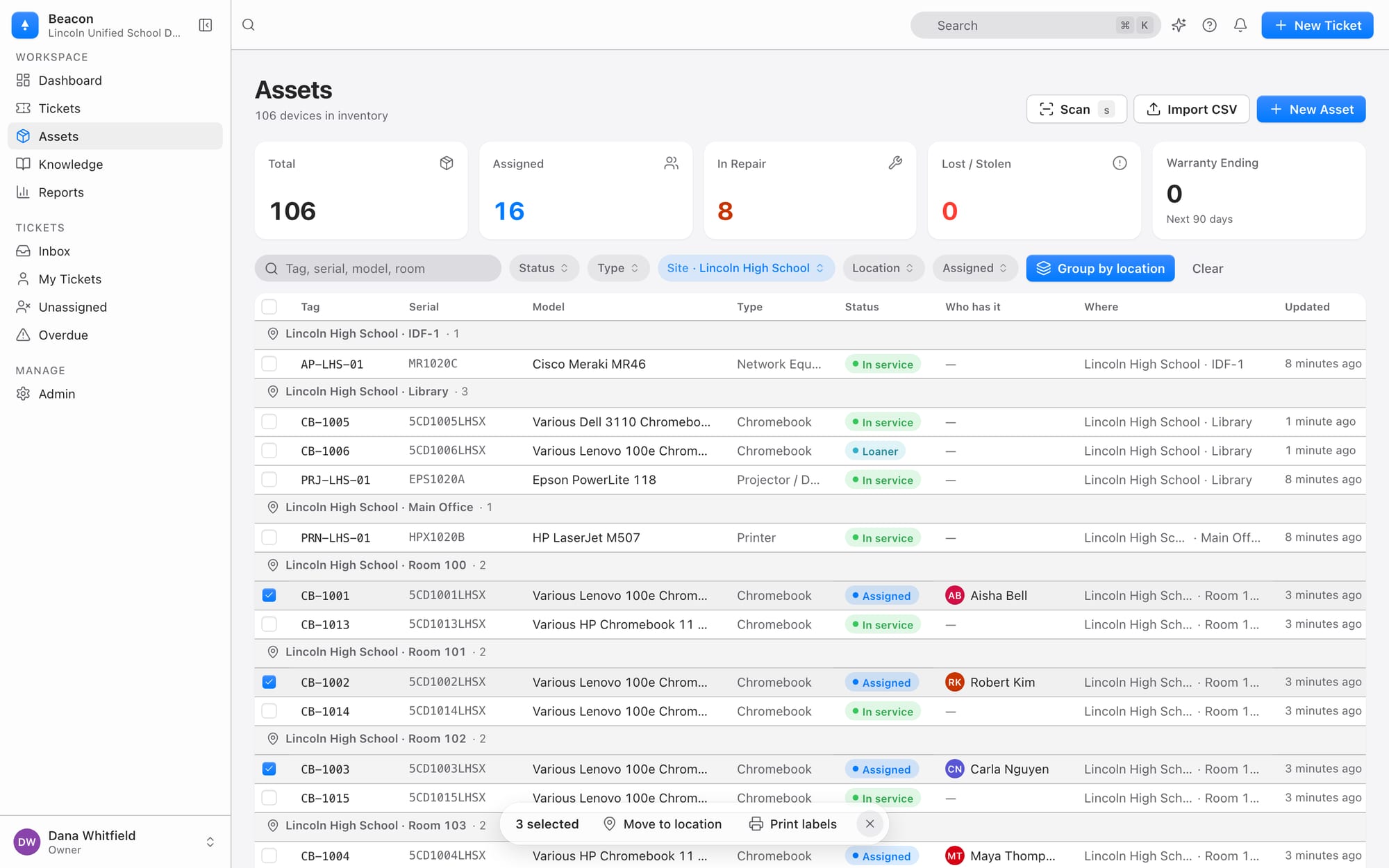 Beacon assets list grouped by location at Lincoln High School: rows under IDF-1, Library, Main Office and Room 100 to 103 with Who has it and Where columns, three devices selected, and a bar offering Move to location and Print labels