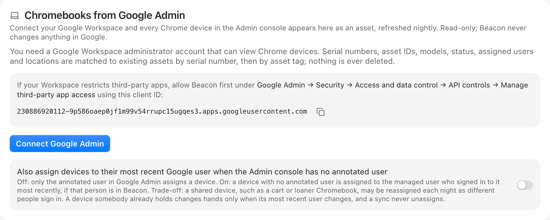 Beacon's Chromebooks from Google Admin card with a Connect Google Admin button and the switch to also assign devices to their most recent Google user