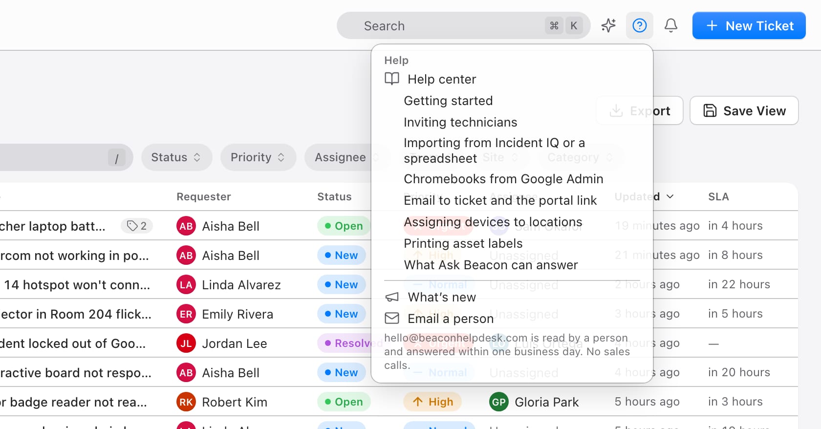 Beacon Help menu open over the tickets list: Help center, eight guides, What's new and Email a person