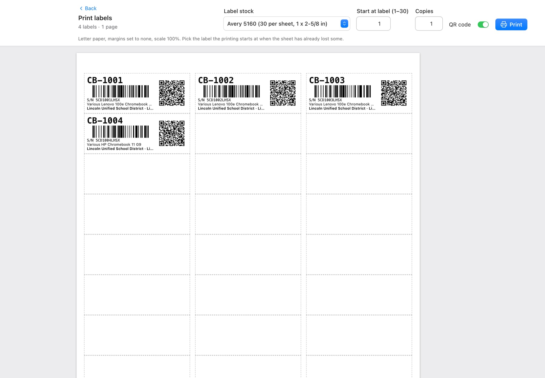 Beacon print preview of an Avery 5160 sheet: four labels filled on a letter page, the remaining slots empty, and a field for the label the printing starts at