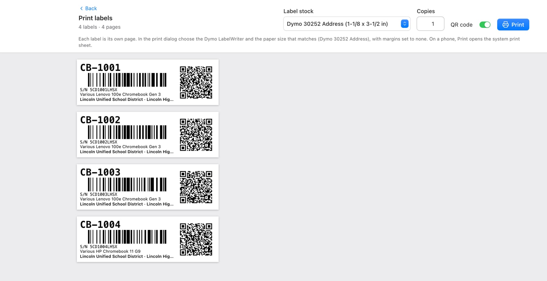 Beacon print preview of four Dymo 30252 labels with asset tag, Code 128 barcode, QR code, serial number, model and district name