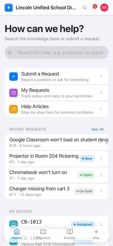 The Beacon requester portal on a phone with search, submit a request, my requests, and help articles
