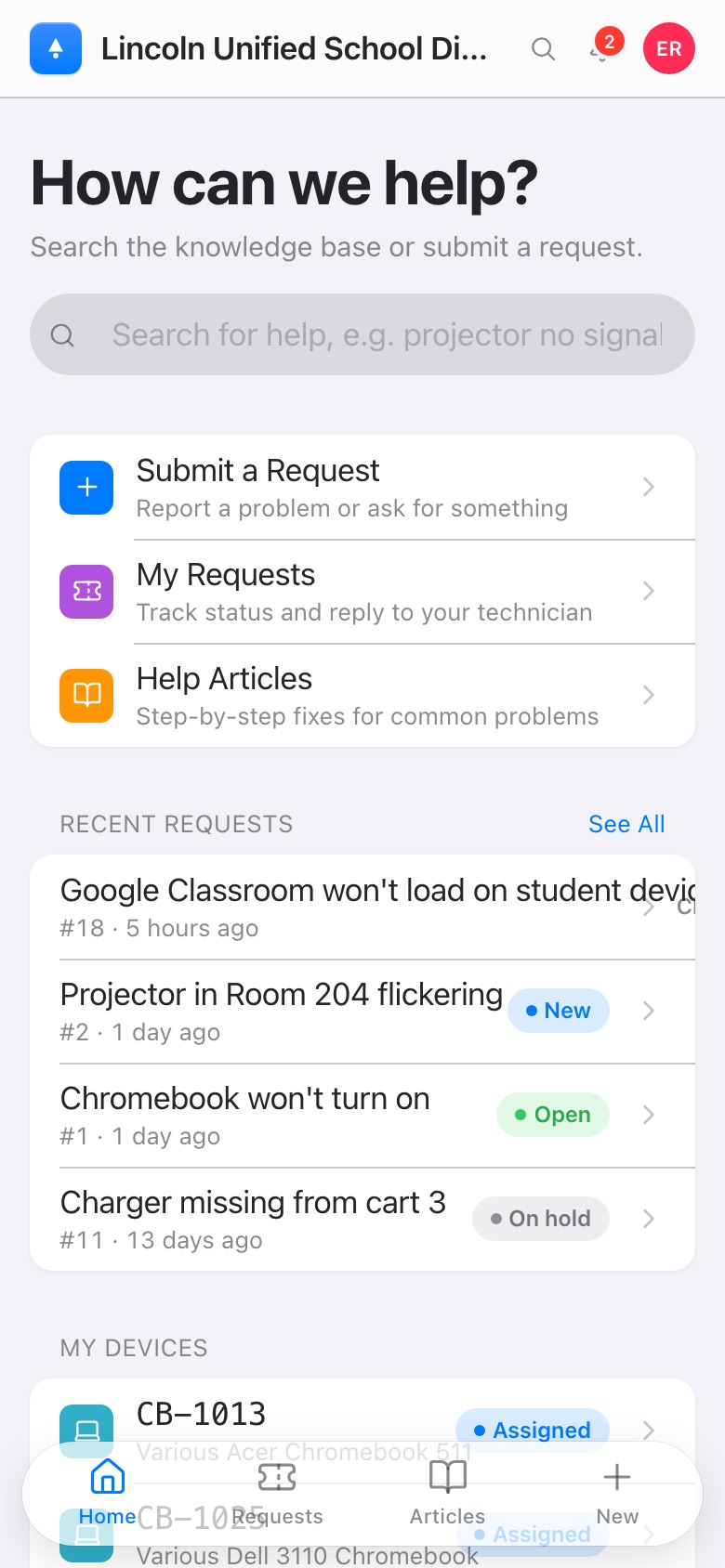 Beacon requester portal on a phone with search, submit a request, my requests, and help articles