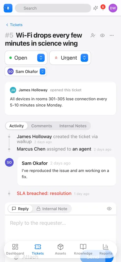 Beacon on iPhone showing a ticket with status, priority, timeline, and reply composer