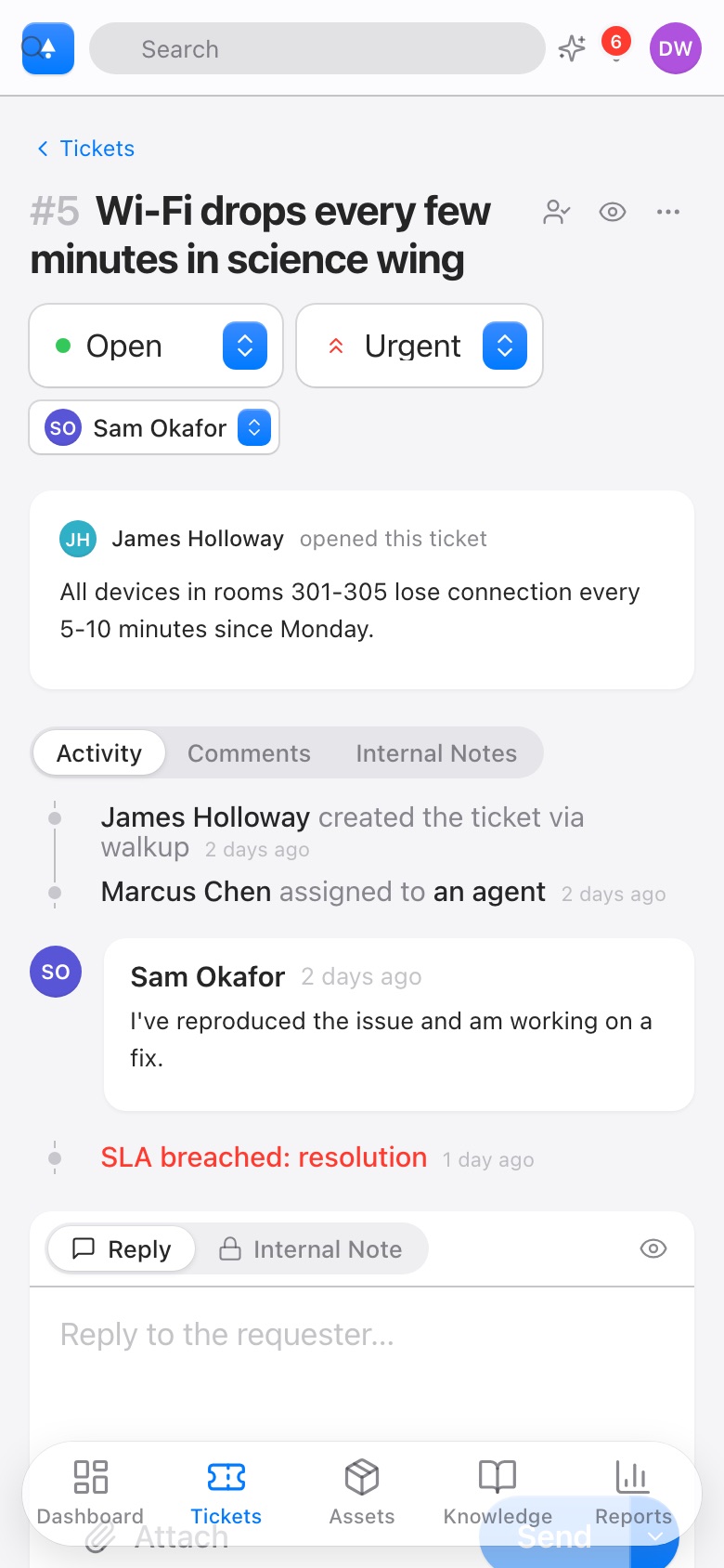 Beacon on iPhone showing a ticket with status, priority, timeline, and reply composer
