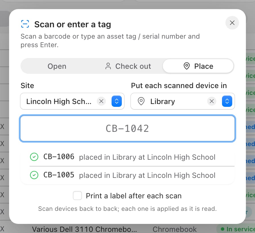 Beacon scan dialog in Place mode with Lincoln High School and Library chosen, two scanned devices listed as placed in Library, and a Print a label after each scan checkbox