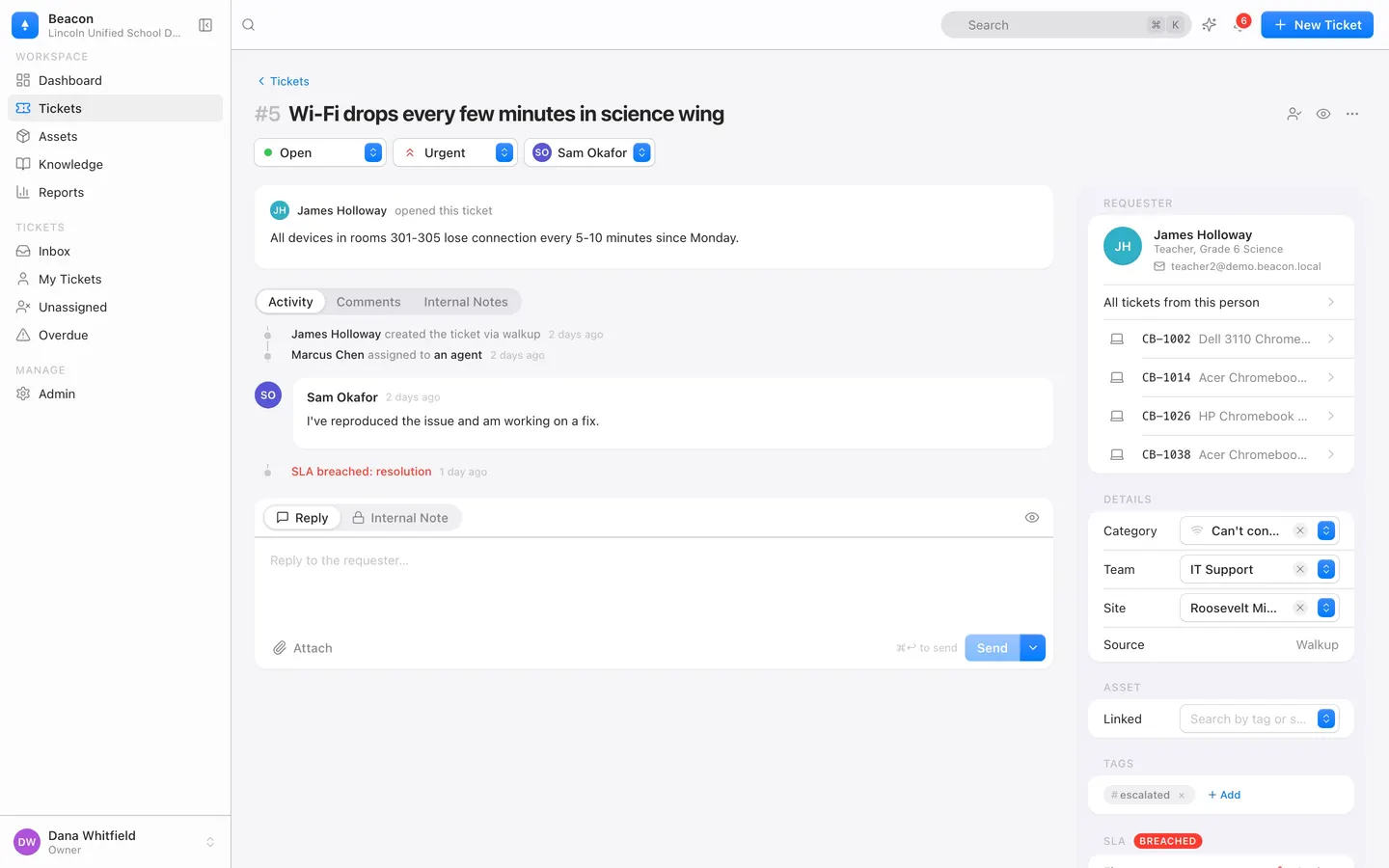 A Beacon ticket with AI triage suggestions, status and priority, timeline, and reply composer