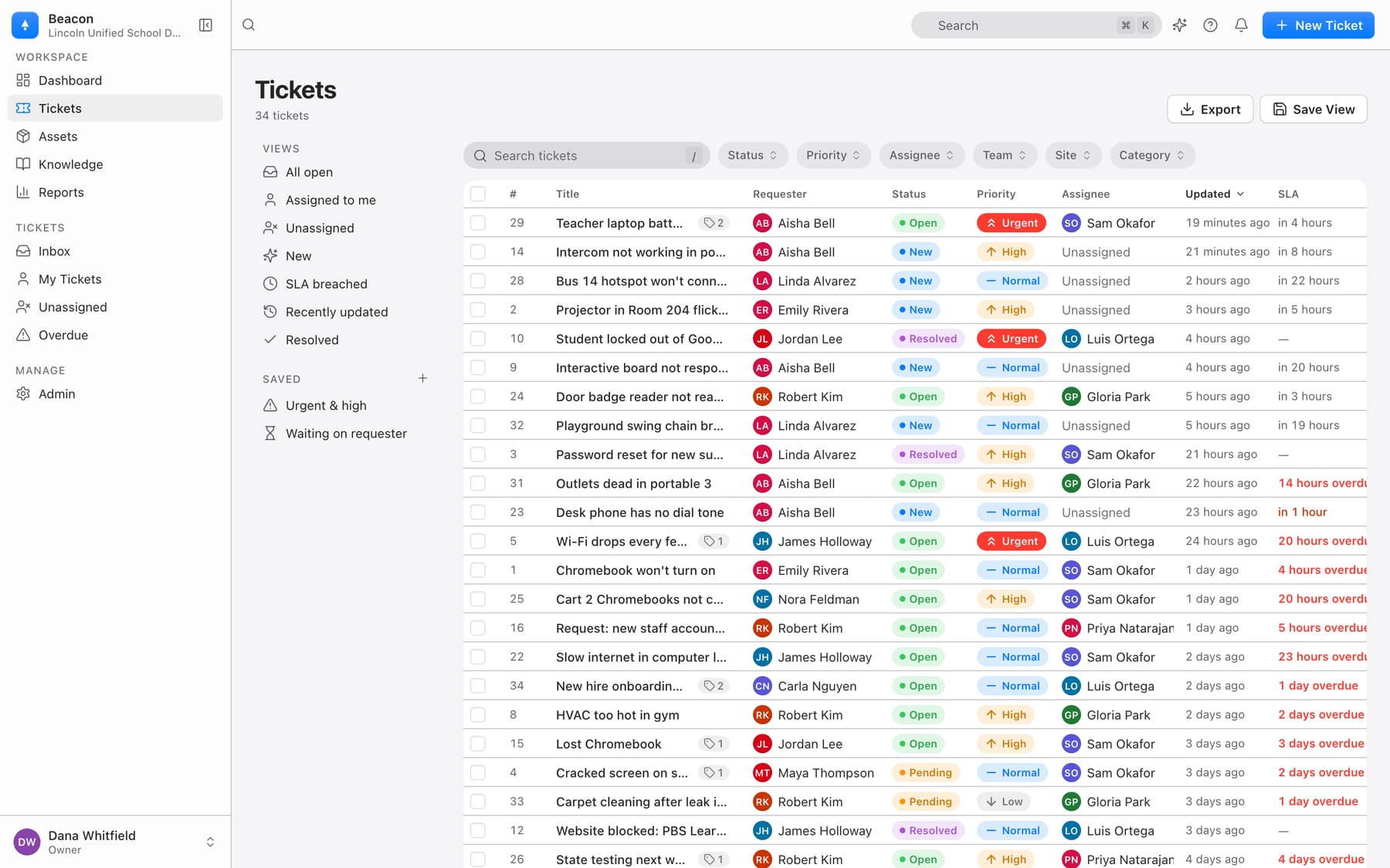 Beacon ticket list with saved views, filters, status and priority badges, assignees, and SLA countdowns